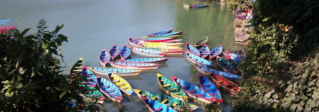 hier sieht man die typischen bunten Boote am Phewa See, Pokhara